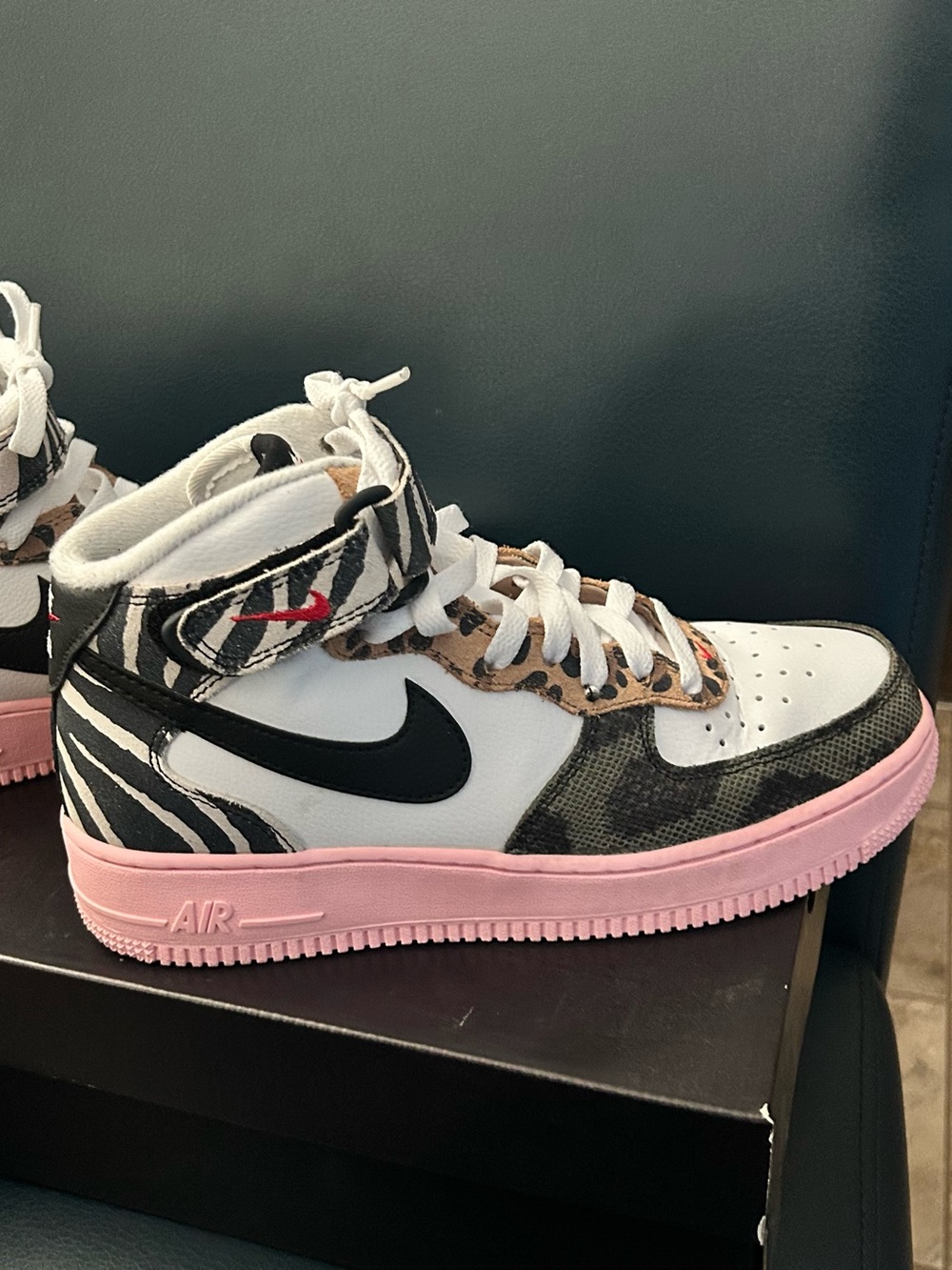 Nike Air Force 1 High-Top Sneakers - White, Black, Leopard & Pink Trim - Picture 5 of 9